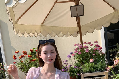 Spaghetti Strap Bow Ruched Lace Panel Mini A-Line Dress / Melange Ruffle Trim Cardigan