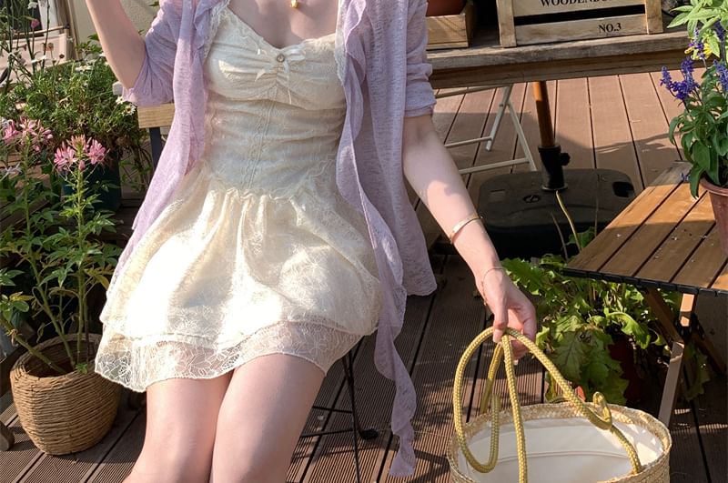 Spaghetti Strap Bow Ruched Lace Panel Mini A-Line Dress / Melange Ruffle Trim Cardigan