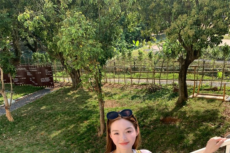 Spaghetti Strap Bow Ruched Lace Panel Mini A-Line Dress / Melange Ruffle Trim Cardigan