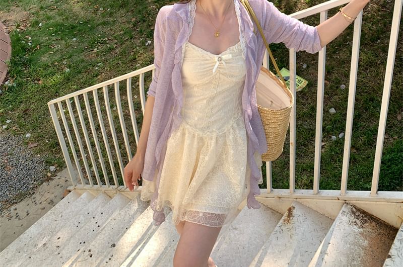 Spaghetti Strap Bow Ruched Lace Panel Mini A-Line Dress / Melange Ruffle Trim Cardigan