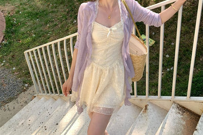 Spaghetti Strap Bow Ruched Lace Panel Mini A-Line Dress / Melange Ruffle Trim Cardigan