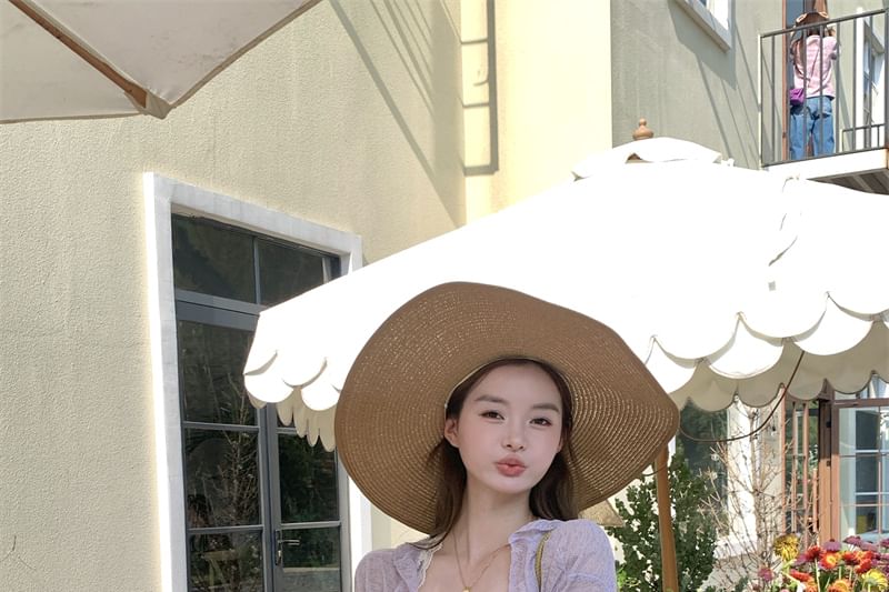 Spaghetti Strap Bow Ruched Lace Panel Mini A-Line Dress / Melange Ruffle Trim Cardigan