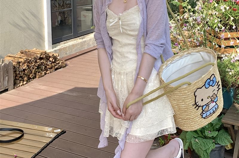 Spaghetti Strap Bow Ruched Lace Panel Mini A-Line Dress / Melange Ruffle Trim Cardigan