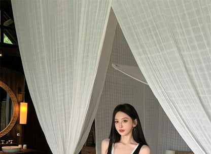 Set: Sleeveless Scoop Neck Plain Asymmetrical Mini Bodycon Dress + Slim Fit Tank Top