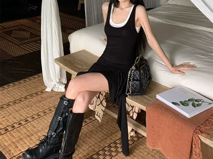 Set: Sleeveless Scoop Neck Plain Asymmetrical Mini Bodycon Dress + Slim Fit Tank Top