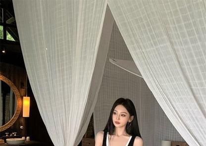 Set: Sleeveless Scoop Neck Plain Asymmetrical Mini Bodycon Dress + Slim Fit Tank Top