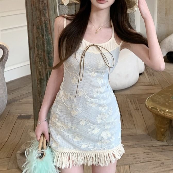 Mock Two-Piece Spaghetti Strap Floral Fringed Mini Bodycon Dress
