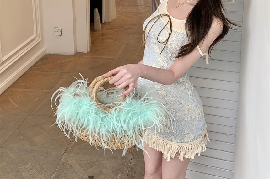 Mock Two-Piece Spaghetti Strap Floral Fringed Mini Bodycon Dress