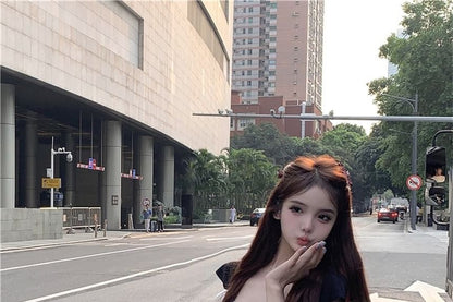 Cap-Sleeve Contrast Trim Bow Crop Slim Fit T-Shirt