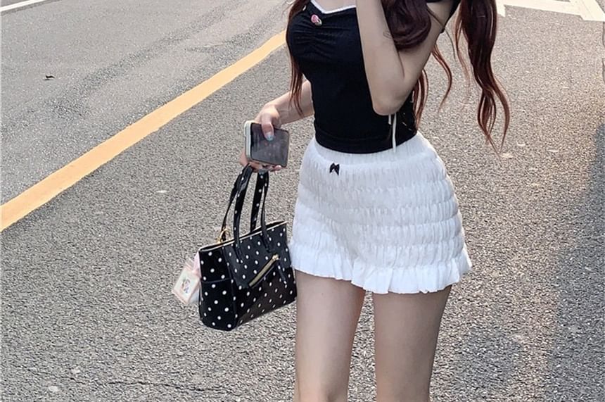 Cap-Sleeve Contrast Trim Bow Crop Slim Fit T-Shirt