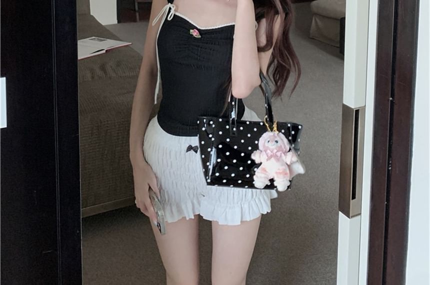 Cap-Sleeve Contrast Trim Bow Crop Slim Fit T-Shirt