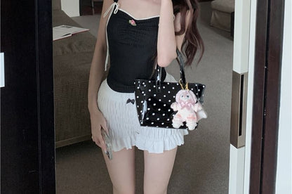 Cap-Sleeve Contrast Trim Bow Crop Slim Fit T-Shirt