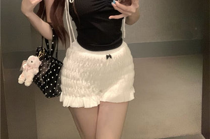 Cap-Sleeve Contrast Trim Bow Crop Slim Fit T-Shirt