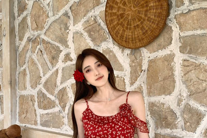 Set: Floral Asymmetrical Ruffle Trim Cami Top + Scrunchie