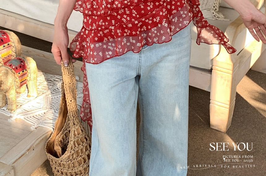 Set: Floral Asymmetrical Ruffle Trim Cami Top + Scrunchie