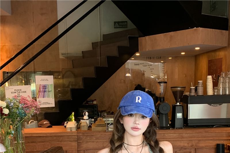 Set: Halter Denim Button Crop Slim Fit Camisole Top + High Waist Studded Frayed Belted Mini Pencil Skirt