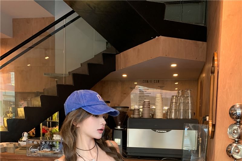 Set: Halter Denim Button Crop Slim Fit Camisole Top + High Waist Studded Frayed Belted Mini Pencil Skirt