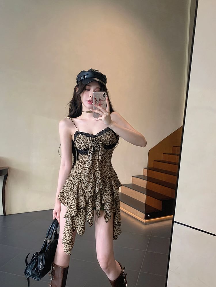 Spaghetti Strap Leopard Print Asymmetrical Lace Trim Mini A-Line Dress