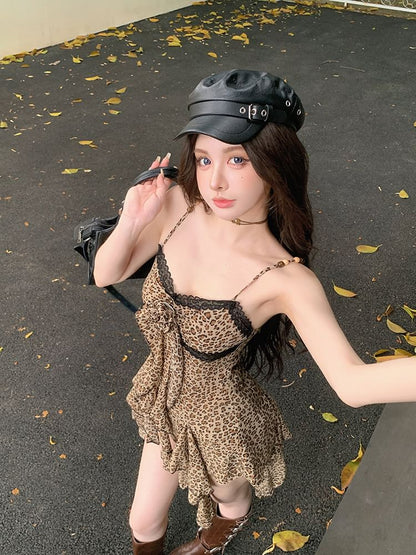 Spaghetti Strap Leopard Print Asymmetrical Lace Trim Mini A-Line Dress