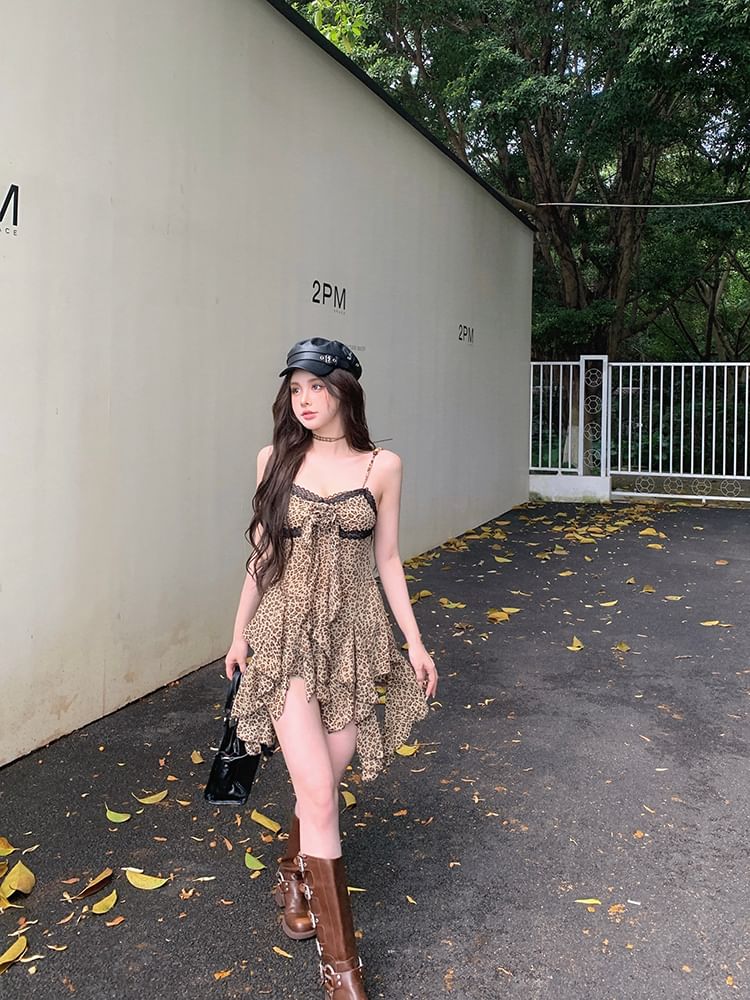 Spaghetti Strap Leopard Print Asymmetrical Lace Trim Mini A-Line Dress