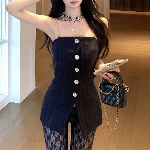 Plain Button Slim Fit Camisole Top / Floral Lace Bootcut Pants