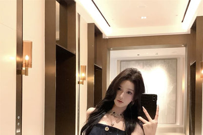 Plain Button Slim Fit Camisole Top / Floral Lace Bootcut Pants