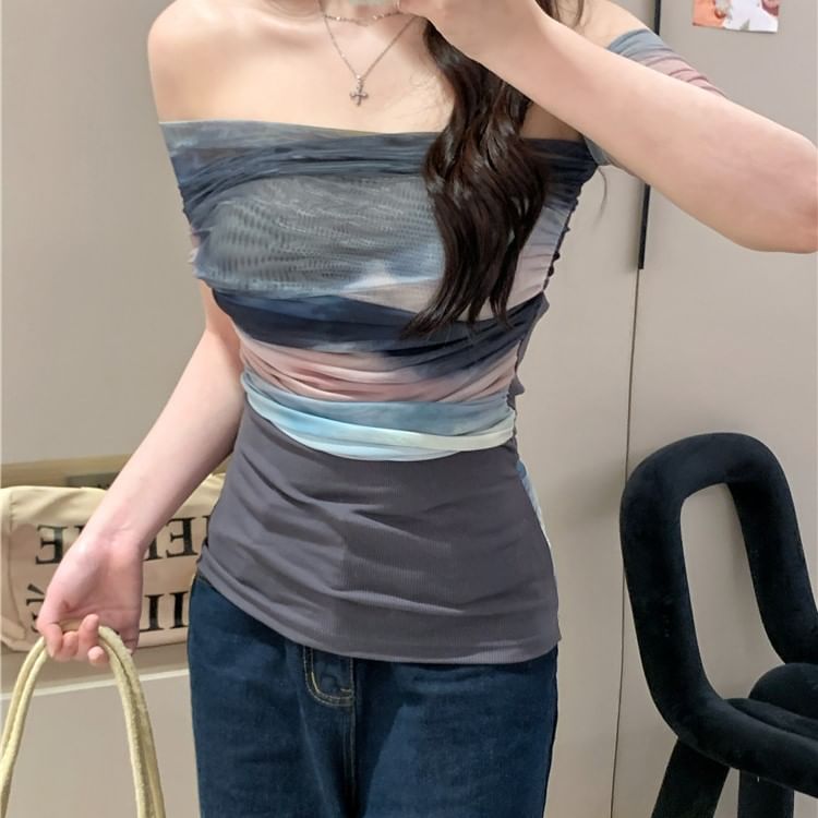 Short-Sleeve Off-Shoulder Color Block Mesh Slim Fit Top