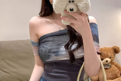 Short-Sleeve Off-Shoulder Color Block Mesh Slim Fit Top