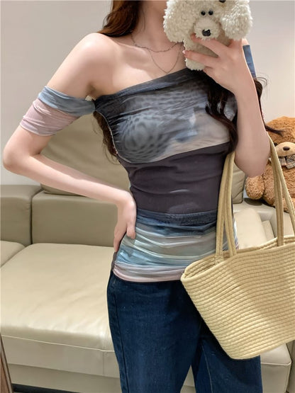 Short-Sleeve Off-Shoulder Color Block Mesh Slim Fit Top