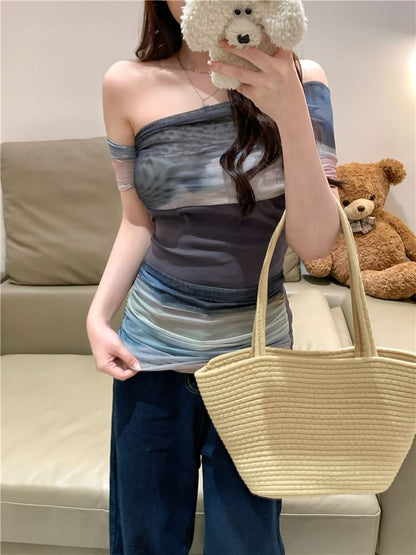 Short-Sleeve Off-Shoulder Color Block Mesh Slim Fit Top