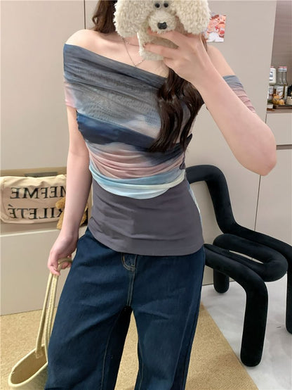 Short-Sleeve Off-Shoulder Color Block Mesh Slim Fit Top