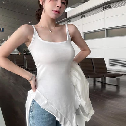 Square Neck Plain Asymmetrical Ruffle Trim Long Slim Fit Tank Top