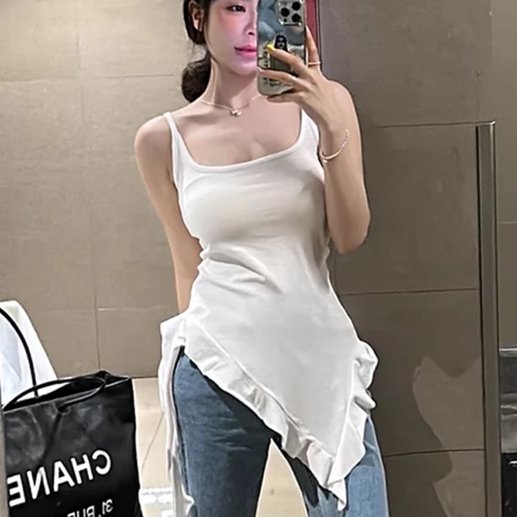 Square Neck Plain Asymmetrical Ruffle Trim Long Slim Fit Tank Top