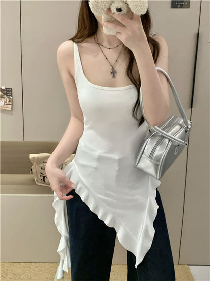 Square Neck Plain Asymmetrical Ruffle Trim Long Slim Fit Tank Top