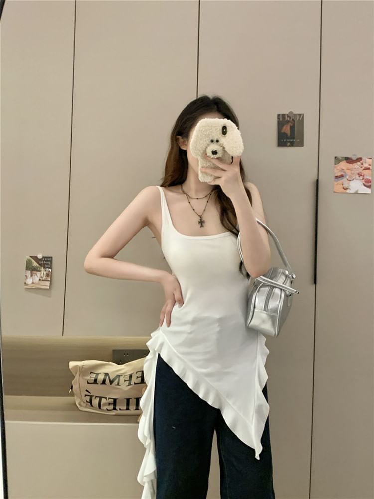 Square Neck Plain Asymmetrical Ruffle Trim Long Slim Fit Tank Top