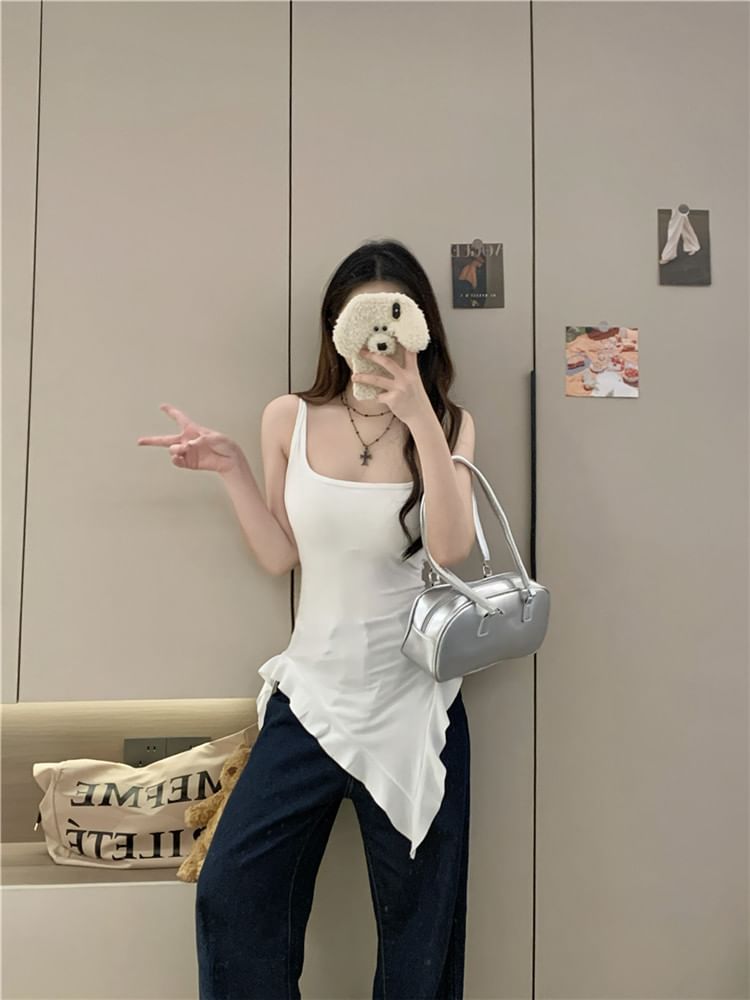 Square Neck Plain Asymmetrical Ruffle Trim Long Slim Fit Tank Top
