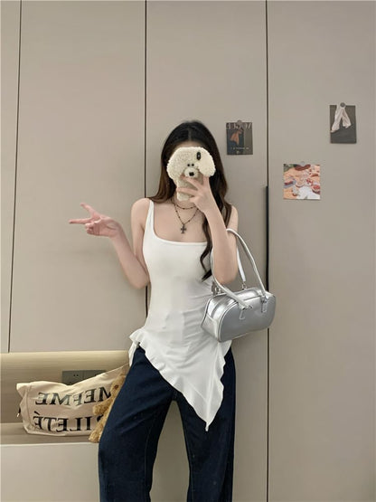 Square Neck Plain Asymmetrical Ruffle Trim Long Slim Fit Tank Top