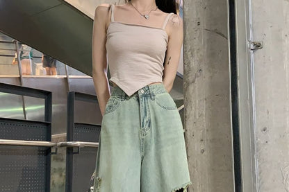 High Rise Ripped Washed Wide Leg Jeans