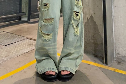 High Rise Ripped Washed Wide Leg Jeans