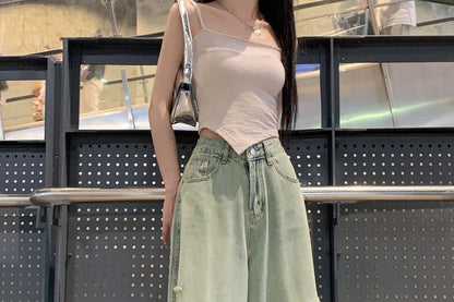 High Rise Ripped Washed Wide Leg Jeans