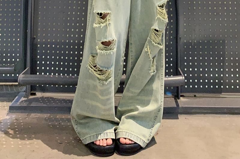 High Rise Ripped Washed Wide Leg Jeans