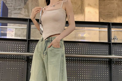 High Rise Ripped Washed Wide Leg Jeans