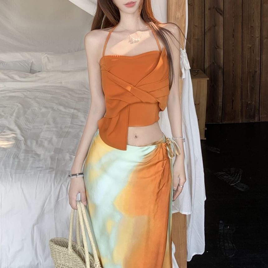 Halter Plain Knot Crop Slim Fit Cami Top / Mid Rise Tie Dye Maxi A-Line Wrap Skirt