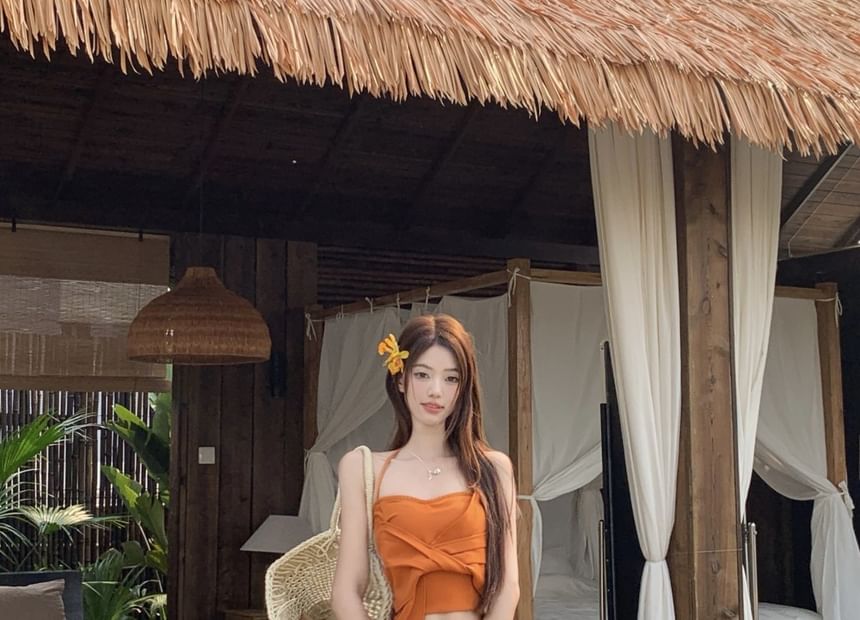 Halter Plain Knot Crop Slim Fit Cami Top / Mid Rise Tie Dye Maxi A-Line Wrap Skirt