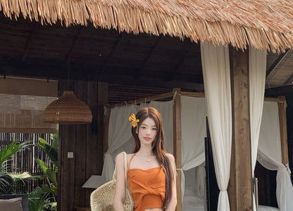 Halter Plain Knot Crop Slim Fit Cami Top / Mid Rise Tie Dye Maxi A-Line Wrap Skirt