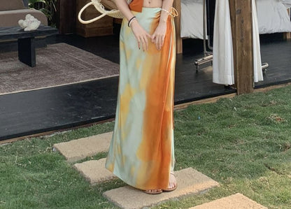 Halter Plain Knot Crop Slim Fit Cami Top / Mid Rise Tie Dye Maxi A-Line Wrap Skirt