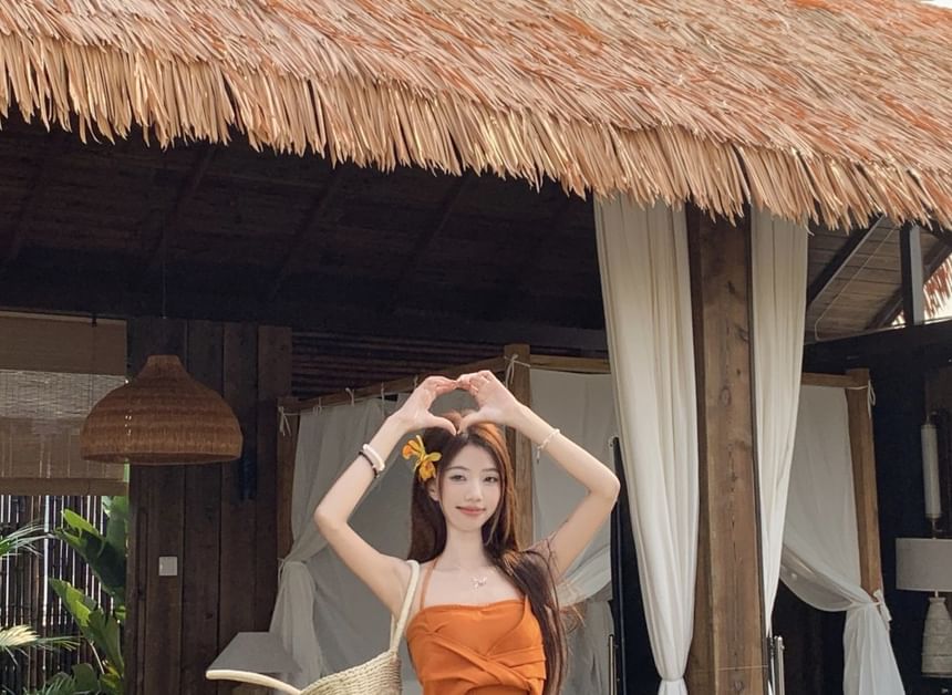 Halter Plain Knot Crop Slim Fit Cami Top / Mid Rise Tie Dye Maxi A-Line Wrap Skirt