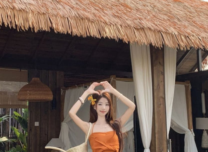 Halter Plain Knot Crop Slim Fit Cami Top / Mid Rise Tie Dye Maxi A-Line Wrap Skirt