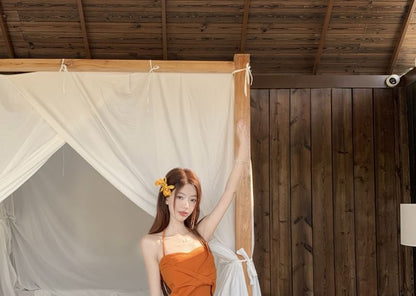 Halter Plain Knot Crop Slim Fit Cami Top / Mid Rise Tie Dye Maxi A-Line Wrap Skirt