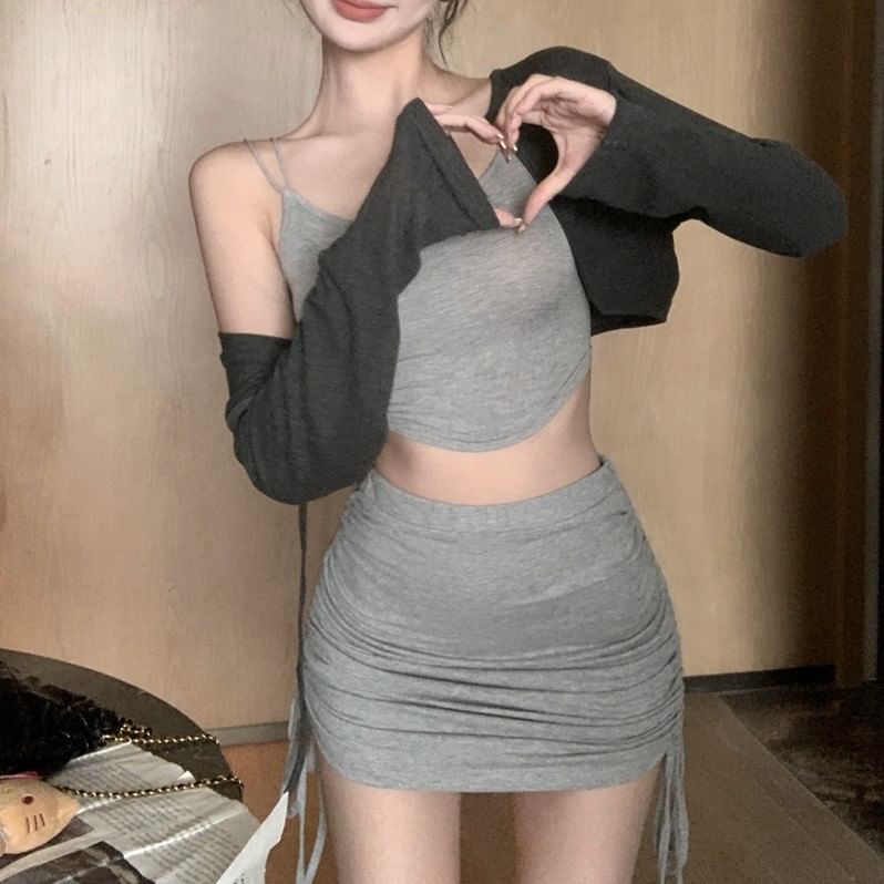 Melange Crop Slim Fit Camisole Top / Elastic Waist Drawstring Mini Pencil Skirt / Cardigan / Set